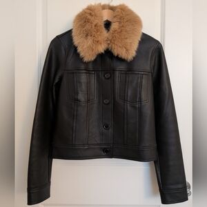 Diane Von Furstenberg Women's Leather Jacket with Faux Fur Collar Size S